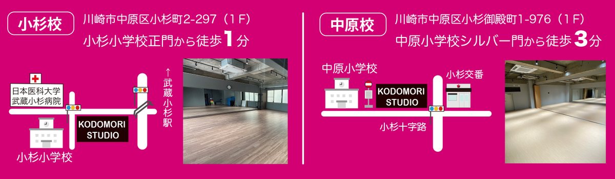 武蔵小杉校・武蔵中原校 アクセスマップ：小杉校＝川崎市中原区小杉町2-297 1F（小杉小学校正門から徒歩1分）／中原校＝川崎市中原区小杉御殿町1-976 1F（中原小学校シルバー門から徒歩3分・小杉十字路）